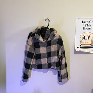 SHEIN Black and Cream Plaid Hoodie
